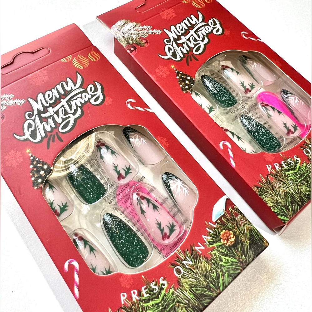 2 Pack - 24-Piece Set Long Almond Shape Green French Snow Design False Nails